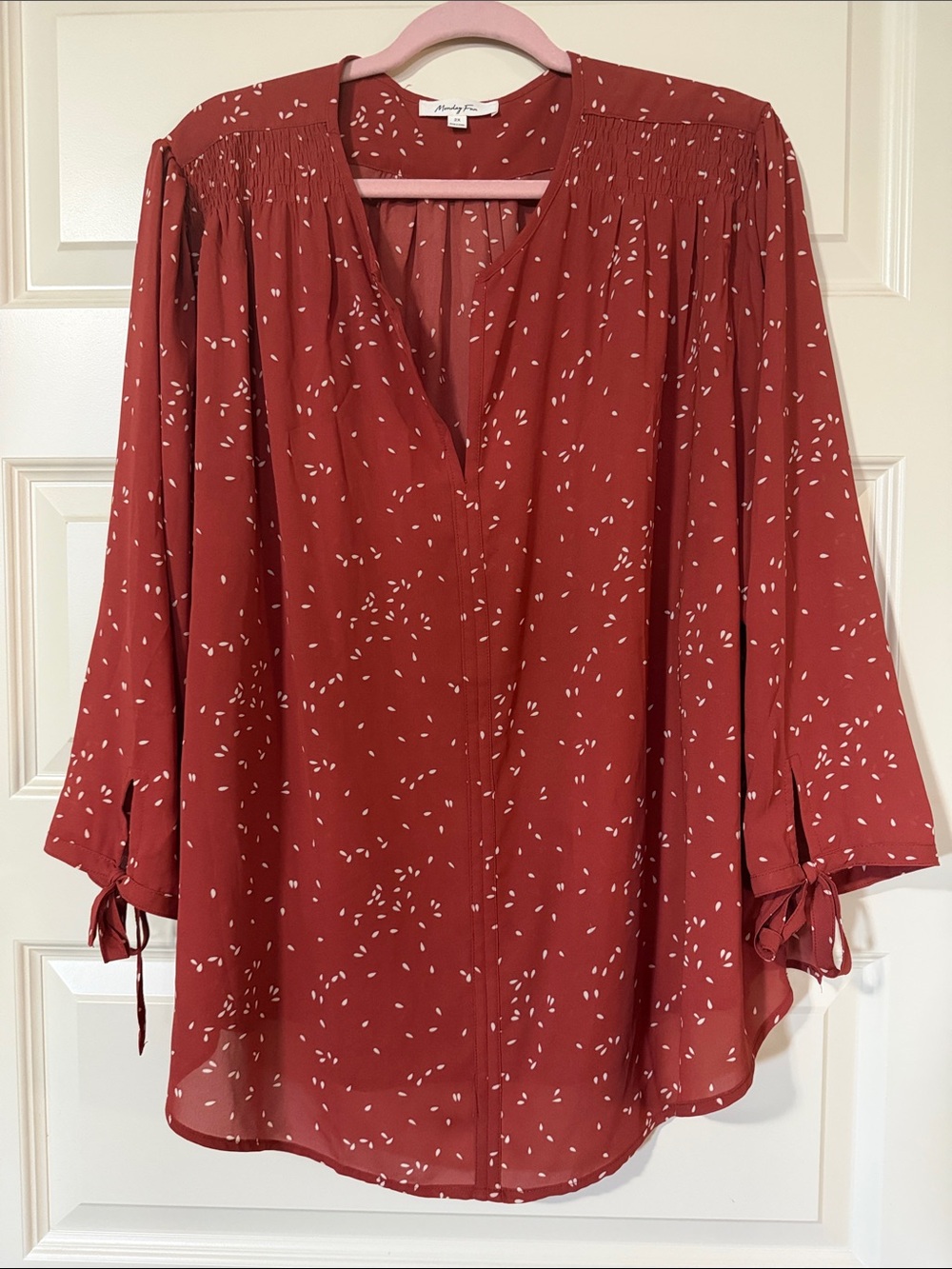Monday Fun Burnt Orange Printed Split-Neck Peasant Blouse